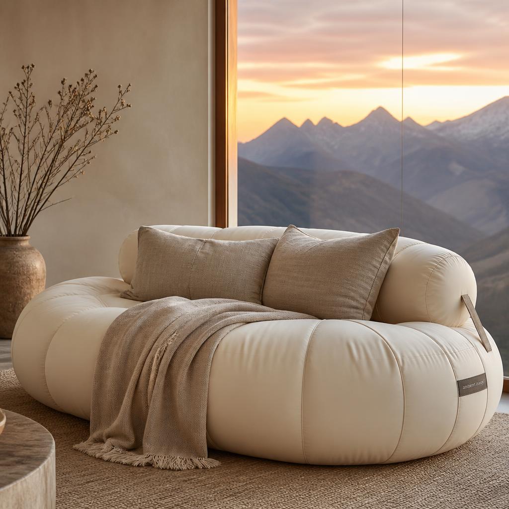 Cream inflatable daybed with linen throw facing a mountain sunset