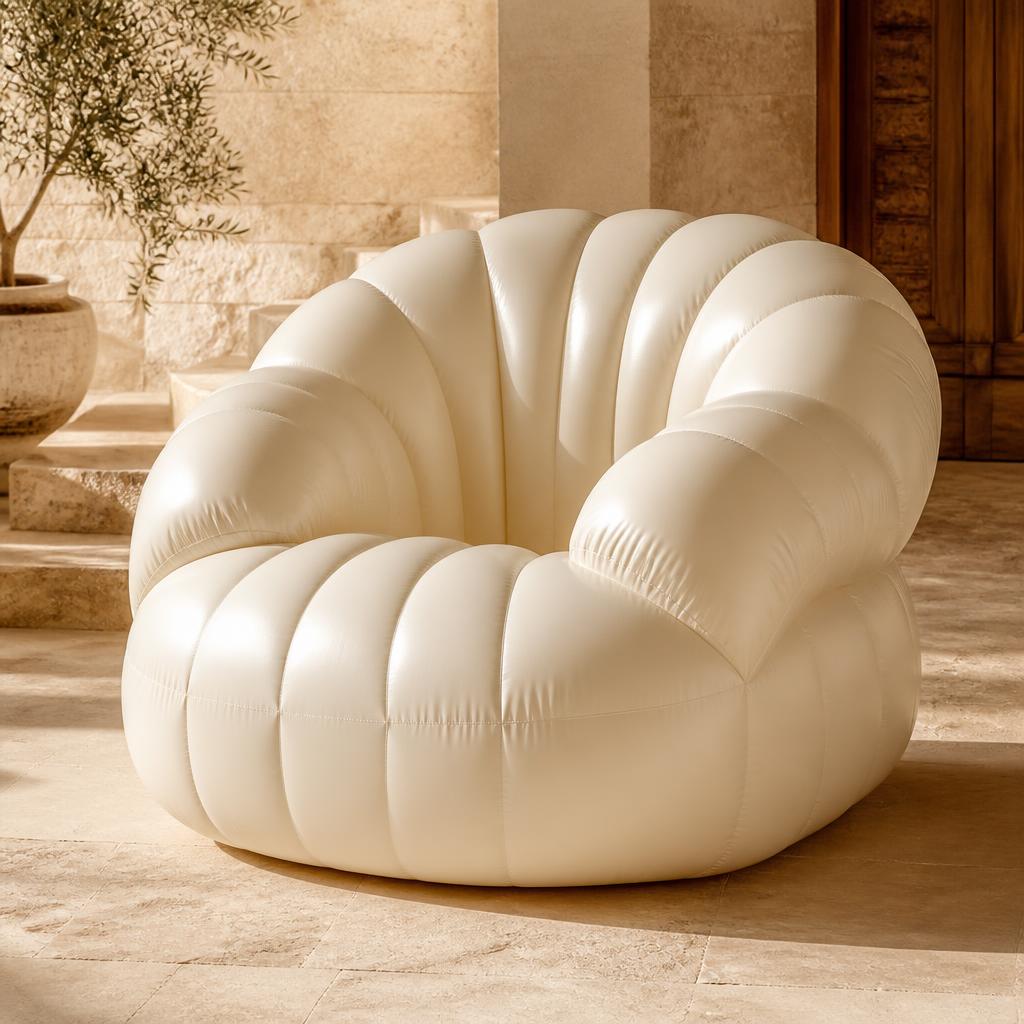 Ivory inflatable club chair on a sunlit travertine floor